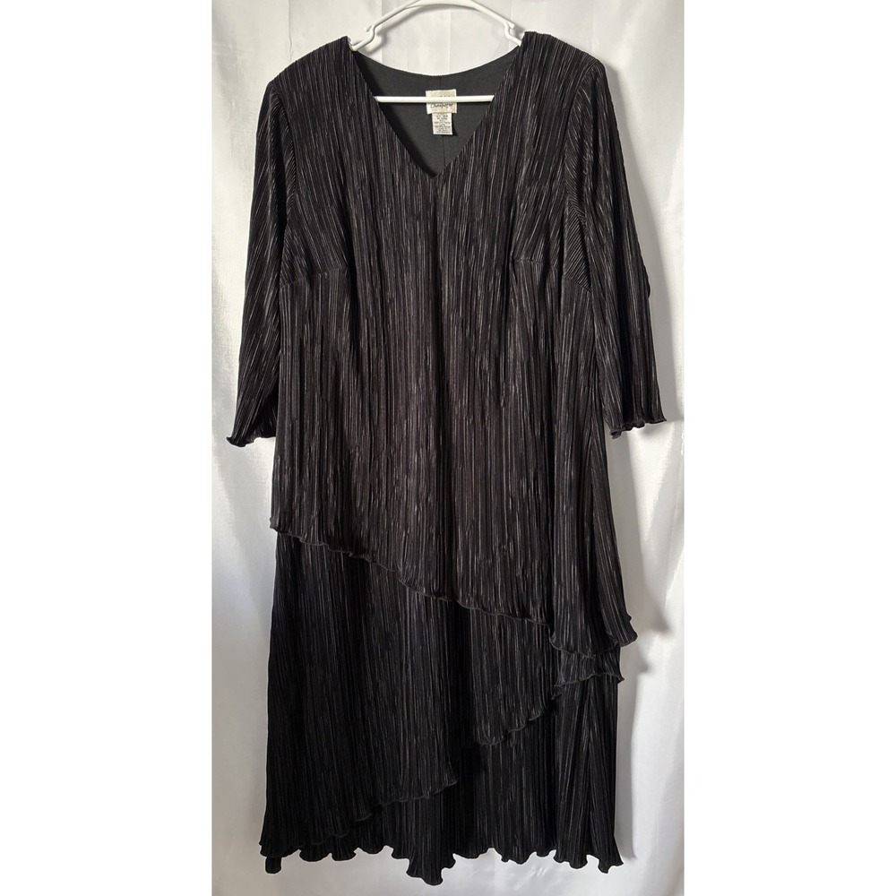 Women's‎ 1980's Black Tiered Plisse Midi Dress 18 Comfort Stretch Spring Summer